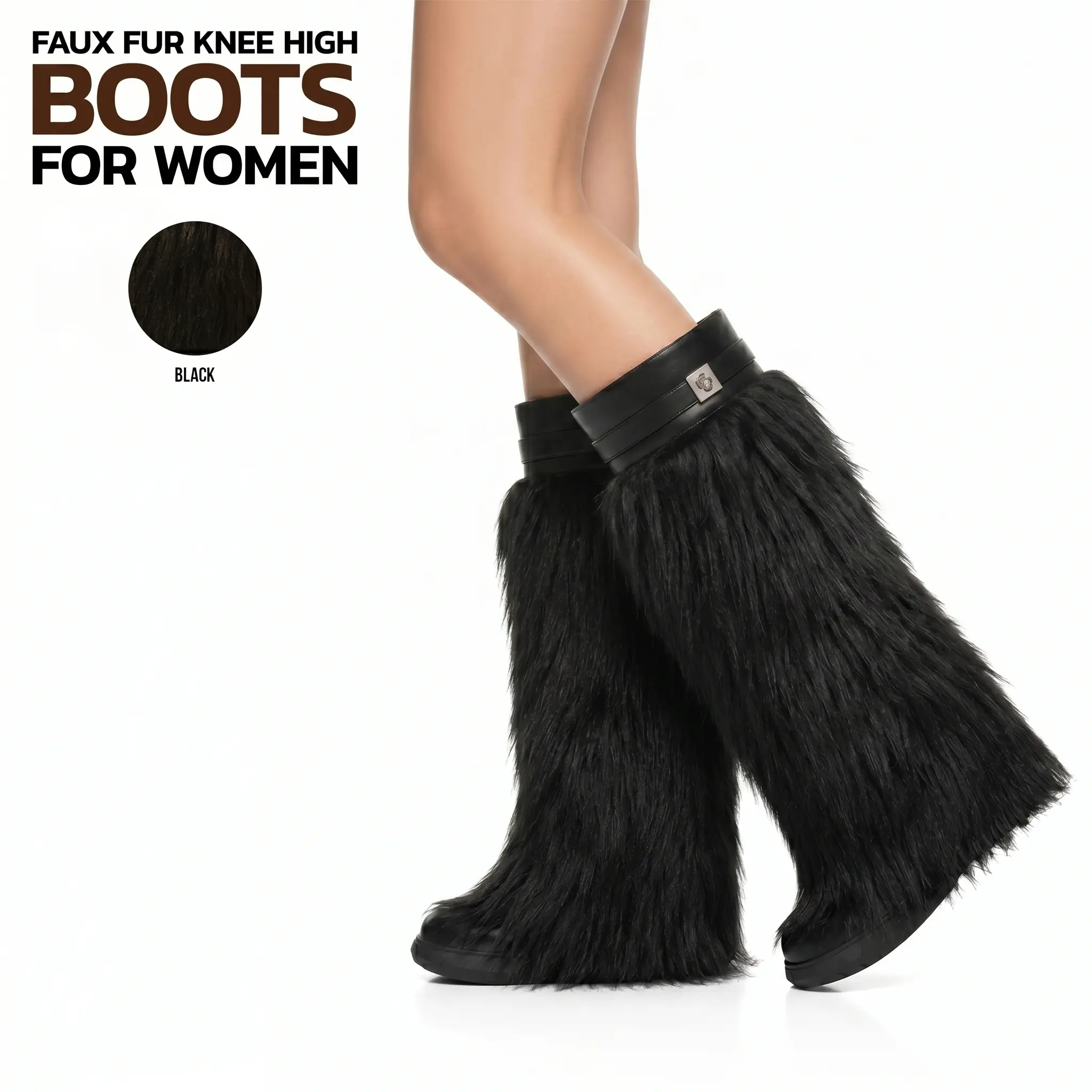 Womens Faux Fur Knee High Boots Round Toe Wedge Heel Side Zipper Leather Strap Lock Comfortable Warm Snow Boots Fashion Party Dress Fluffy Furry Trendy Womens Boots