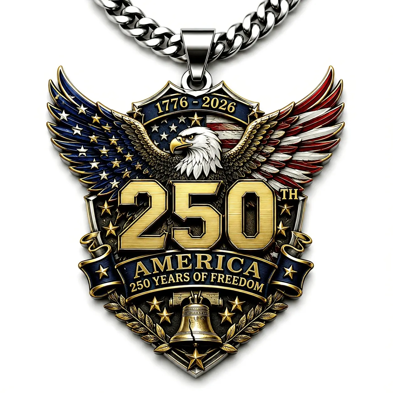 USA 250 Years Of Freedom Pendant Necklace - 316L Stainless Steel Patriotic Eagle & Flag Design, Men's Statement Jewelry