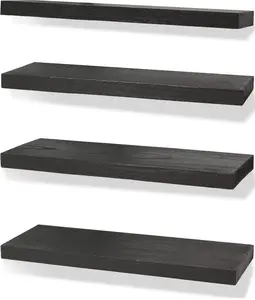 Rustic Farmhouse Floating Shelves for Wall Decor Storage Wood Wooden Wall Shelves for Bedroom Bathroom Kitchen Living Room - Black Set of 4