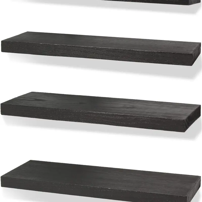 Rustic Farmhouse Floating Shelves for Wall Decor Storage Wood Wooden Wall Shelves for Bedroom Bathroom Kitchen Living Room - Black Set of 4