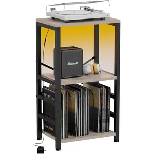 End Table with LED Light,Record Player Stand with Albums Storage,Vinyl Records Storage,Turntable Stand Side Table for  Room Studio Living Room Bedroom-Greige