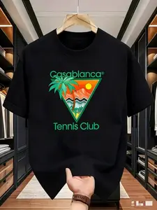 Summer New Casablanca Tennis Club Print T-Shirt Men Loose Vintage Short Sleeve, American Retro Aesthetic, Triangle Box Coconut Tree Sunset Print
