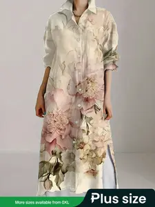 【Plus Size】 Floral Print Long Sleeve Shirt Dress, Elegant Casual Style for Every Occasion, Fashionable Autumn Wear
