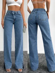 Women's High-Waisted Washed Blue Jeans, Spring & Fall Fitted Straight Leg Pants, Split Design Denim Trouser for Casual Wear