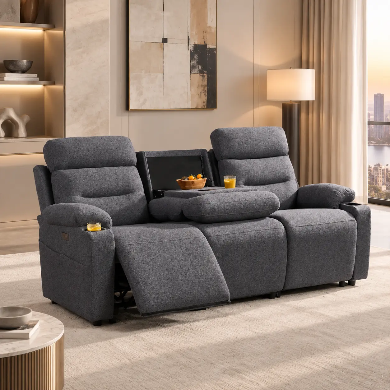 AMERLIFE Linen Modular Power Reclining Sofa, Electric Reclining Sectional Couch with USB Charging, Cup Holders & Storage, 3-Seater & L-Shaped Sofa for Living Room, Gaming Room, Office