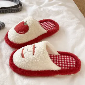 Women'S Cute Apple Slippers - Slip-On House Shoes with Soft Pink & Red Apple Pattern, Plush Lined Indoor Footwear for Women