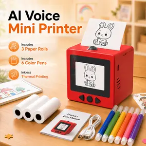 Kids Creative AI Voice Mini Printer,  Portable Inkless Thermal Printer for Kids Crafts, Coloring Pages, Notes and DIY Projects and Birthday Gifts, Includes 3 Paper Rolls and 6 Color Pens