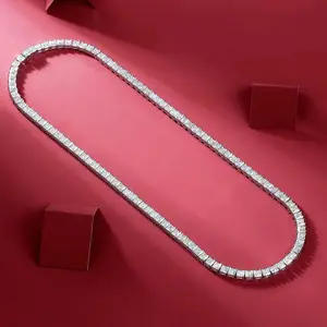 [C03]S925 Sterling Silver Full Moissanite Princess Cut Elegant Cuban Tennis Necklace