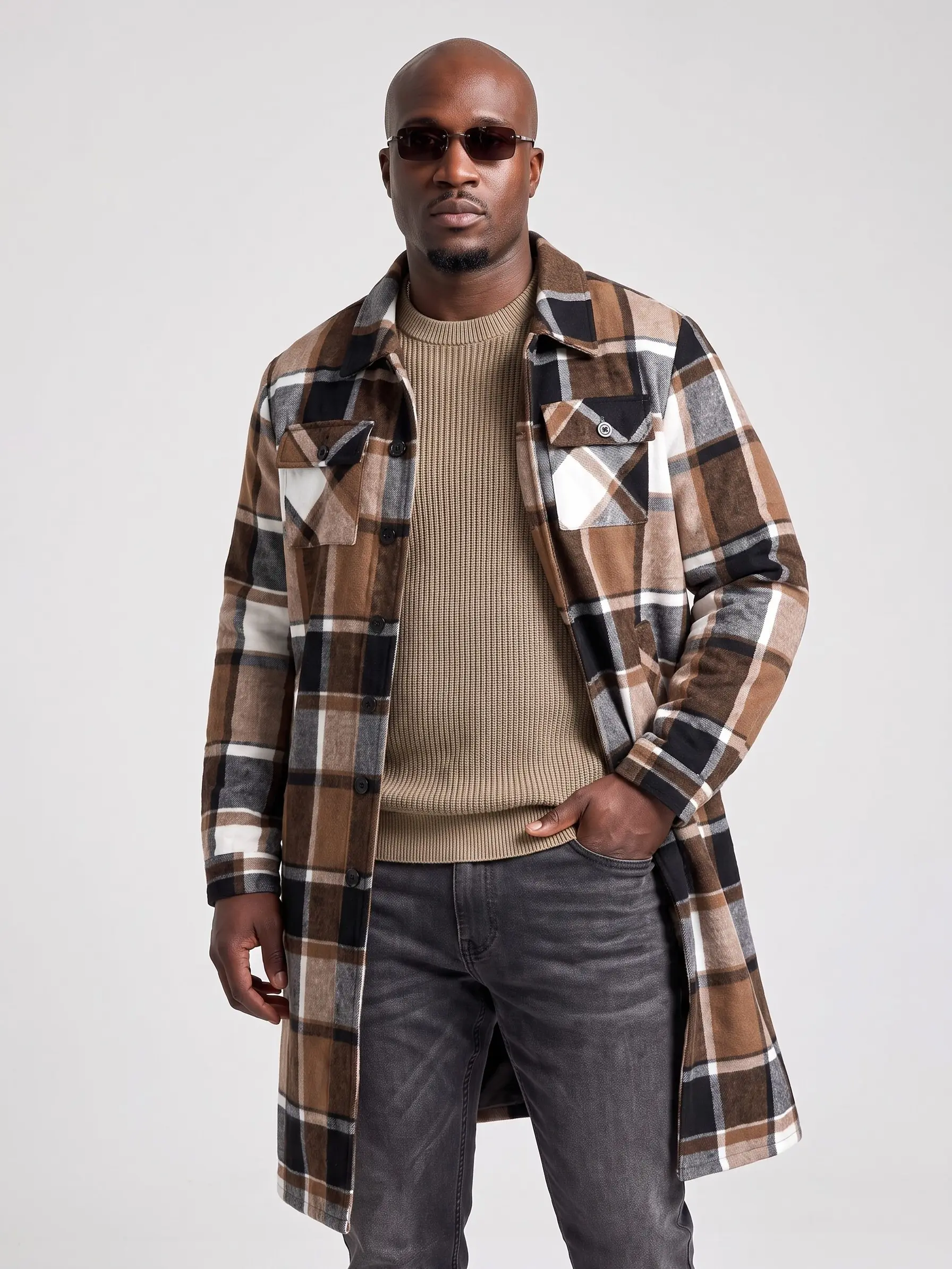 KZZ Men's Classic Plaid Long Sleeve Trench Coat - Buttoned Lapel, Lightweight Fabric, Loose Fit, Front Button Pockets, Casual Menswear Tops Clothes for Spring & Autumn