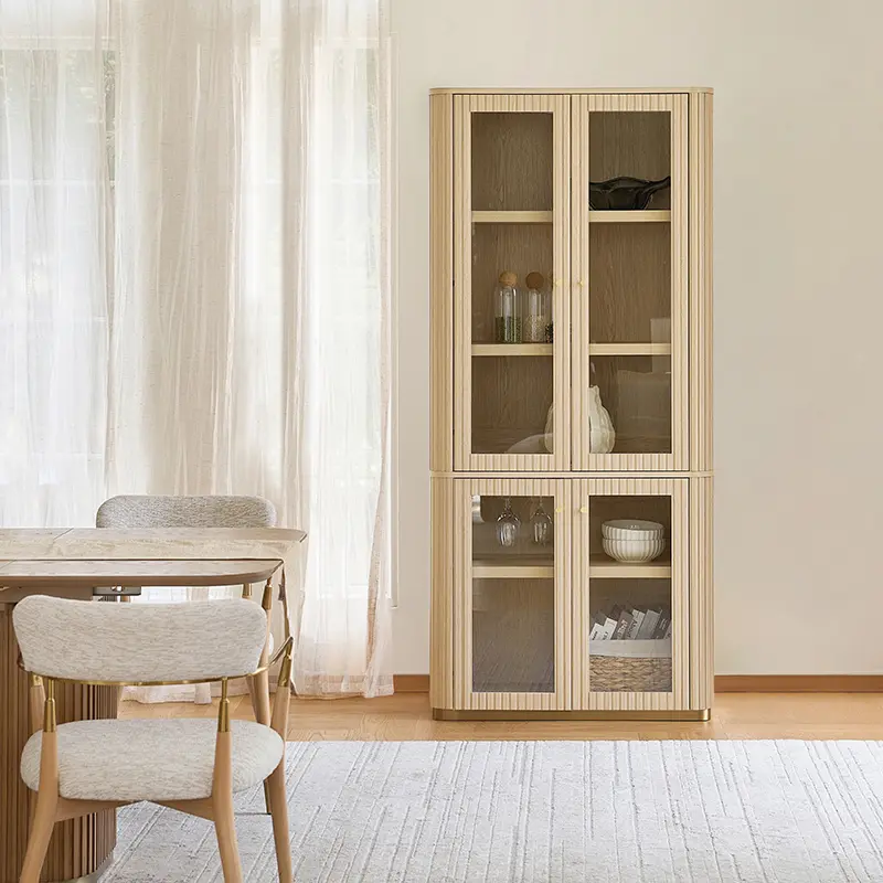 HULALA HOME Modern Glass Display Cabinet with Gold Frame | Modular Storage Cabinet Bookcase & Wine Bar with Glass Doors | American Style Tall Cabinet with Wine Glass Rack for Living Room Dining Room