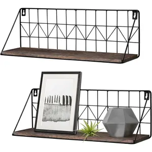Floating Shelves Wall Mounted Set of 2 Rustic  Storage Display Shelf with Metal Wire Basket,  Shelf for College Drom Bedroom Bathroom Living Room Kitchen Office, Brown,Medium