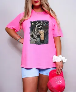 Raccoon Drinking Iced Coffee - Comfort Color Neon Pink UNISEX Tee