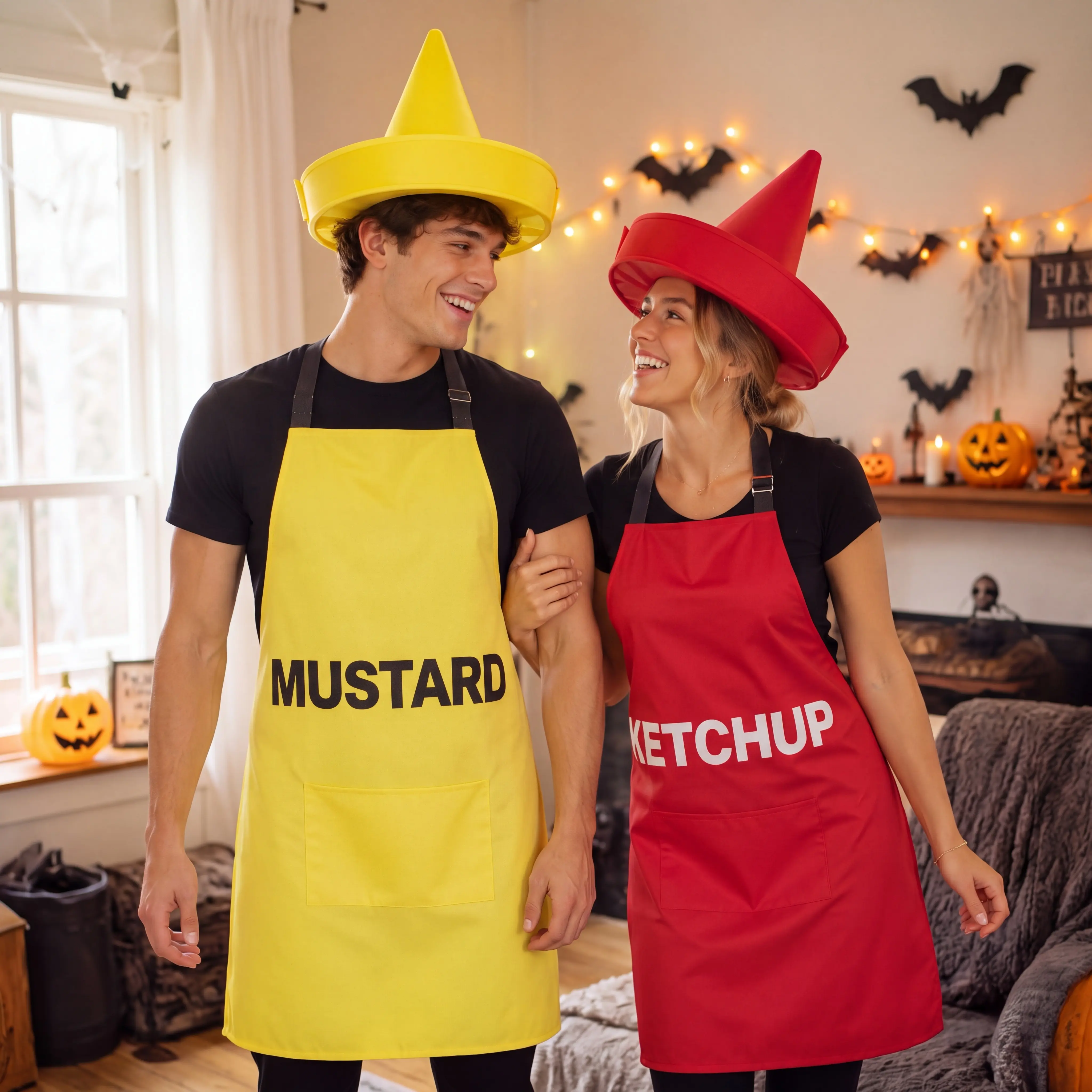 2 Pack Halloween Aprons Ketchup and Mustard Couples Costumes,Funny Condiment Aprons with Hats for Adults Couples Coworkers,Halloween Costumes for Halloween Cosplay Dress Up Themed Party