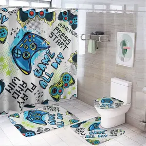 Blue Game Console Theme 3D Printing Photo Style shower curtain Sets with Rugs 4 Piece Gold Flowers Leaves Bathroom Decor Set with Non-Slip Rugs Toilet Lid Cover and Bath Mat, Home Bathroom Shower Curtain Set with 12 Hooks