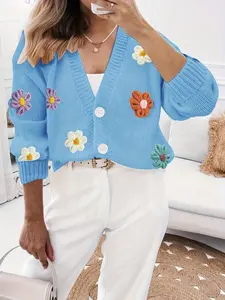 Women's Plus Size Casual Fitted Floral Print Cardigan, Fashion Long Sleeve Knitwear, Comfortable Polyester Fabric, Perfect for Winter Layering Knit Cardigans