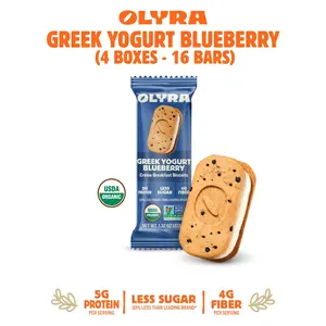 Olyra Greek Yogurt & Blueberry Sandwich Breakfast Biscuits - 4 Box Case - 16 Bars, Low Sugar, High Fiber, USDA Certified Organic, Non GMO Protein Snack Healthy