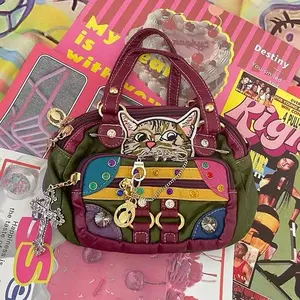 Retro Vintage Japanese Y2k Babes Personalized Women's Bag Cute Kawaii Cat Soft Leather Handbag Handbag Side Bag for Ladies