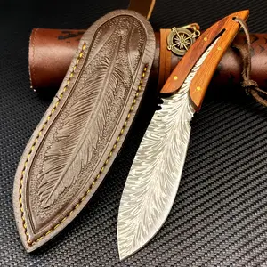 Portable Survival Knife with Wooden Handle & Leather Sheath - Feather Pattern Full Tang Blade for Dressing Game, Slicing Food, Bushcraft | Hunting Gift for Men
