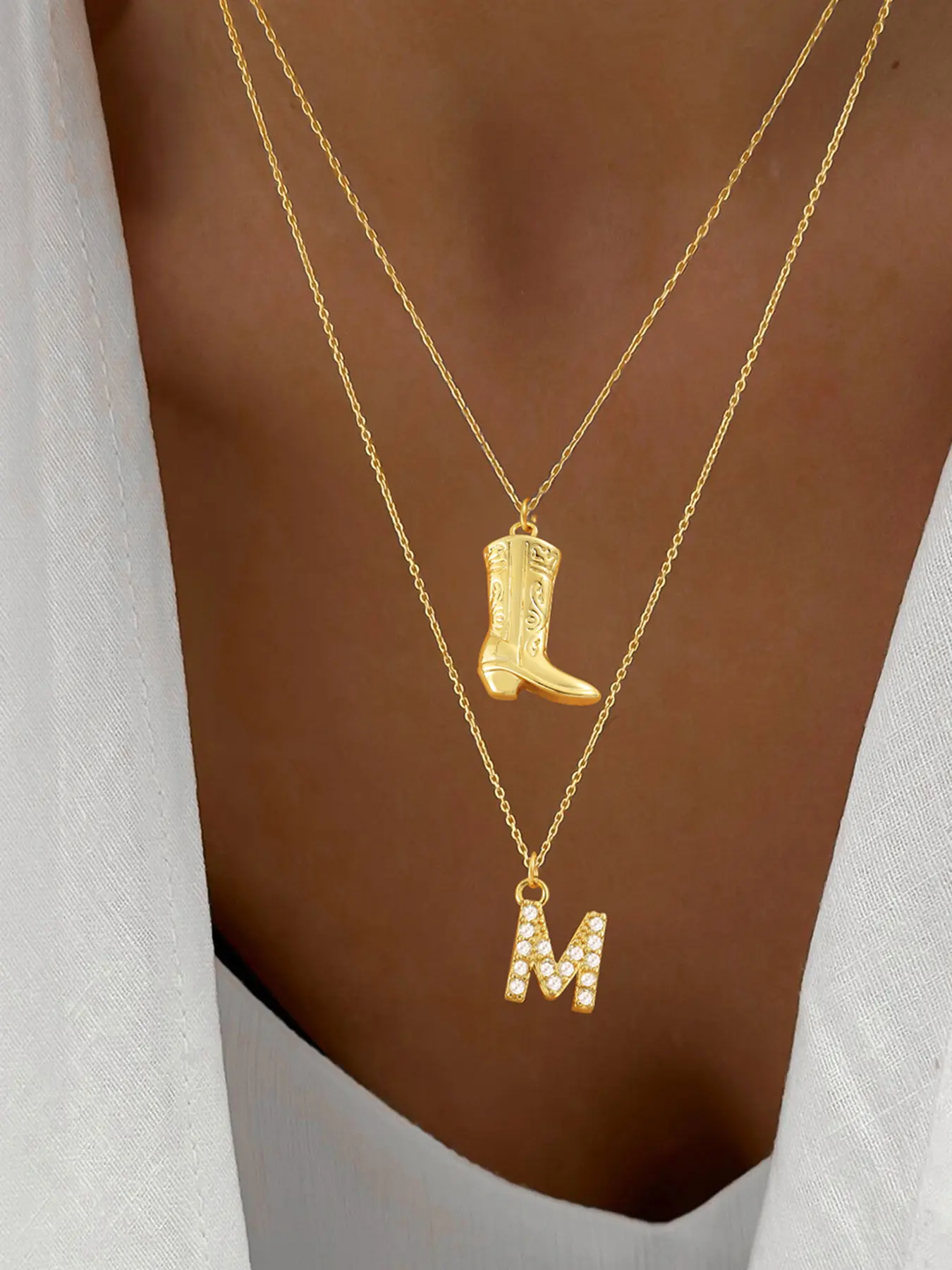 Women's Western Cowboy Boots Zirconia Initial Letter Unique Pendant Necklace Set, Vintage Stainless Steel Chain Multi-Layer Jewelry Zirconia Pendants, Sparkling Pendant Necklace