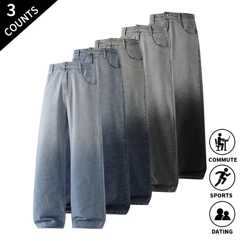 Men’s gradient wide-leg jeans, 3-pack, featuring a button-and-zipper fly and slant pockets; straight-cut full-length pants suitable for everyday commuting, dates, and street style.