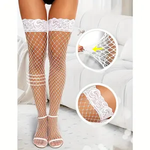 [Curvy Women's Thigh-Highs] Plus Size Women's Sheer OTK Pantyhose with Lace Trim - Thigh-High Stockings (Black/Red/White/Nude) for Party, Date, Casual Attire, Hand Wash Only