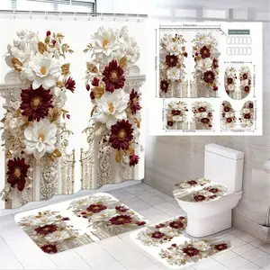 1/4pcsEaster Valentine'S Day Floral Bathroom Set - White Red Gold Shower Curtain Sets with Matching Mats, Toilet Lid Cover, and Floral Decor - Intricate Flower Patterns, Golden Leaves & Ornate Architectural Details for Spring & Romance Home Decor