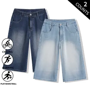 Summerwins Men’s Baggy Denim Capri Shorts 2-Pack, Vintage Washed Loose Fit 7/8 Cropped Jeans, Casual Wide-Leg Knee-Length Denim Pants for Basketball, Running, Cycling, Streetwear, and Everyday Wear