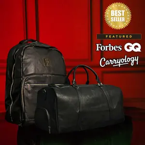 Black Leather 2 Bag Set (Commuter Backpack and Duffle)
