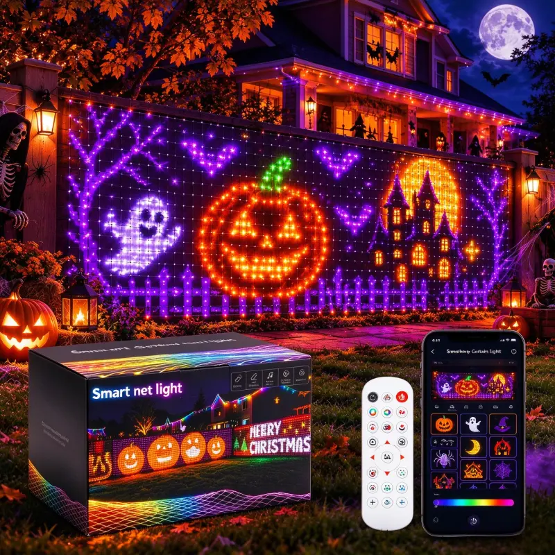 Extra-Large Smart LED Net Lights, RGB Mesh Lights with Holiday Images & Animations, Custom Text & Patterns, App & Remote Control, Music Sync, IP67 Waterproof, for Garden, Patio, Wall, Fence & Party Decor, White.