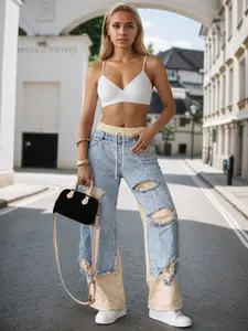 New Fashionable Women's Street Style Stitching Pants, Trendy Ins-worthy Beggar Style Ripped Jeans, Suitable For All Seasons