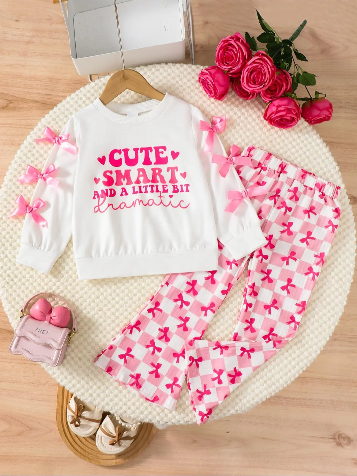 Toddler Girl's Cartoon Print Sweatshirt & Plaid Print Pants Two-Piece Set, Casual Round Neck Long Sleeve Pullover & Elastic Waist Trousers for Daily W