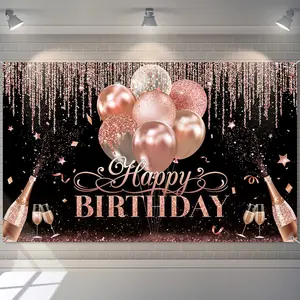 Happy Birthday Backdrop Decorations, Women & Girls, Black, Silver, and Rose Gold, Happy Birthday Banner Backdrop, Party Supplies, Glitter Backdrop for Photography, Sweet Party