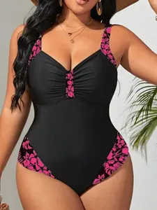 Plus Size Floral Print Monokini - Camisole Style, Summer Beach Swimsuit