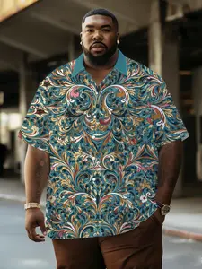 Men's Baroque Printed Shirt, Vintage Colorblock Trendy Plus Size, Summer Breathable Casual Wear, Loose-Fitting All over Print Shirt