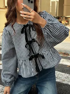 1 piece of women's summer black and white plaid bow tie lantern sleeve waisted ruffled hem long-sleeved shirt, Blouse, suitable for office, vacation, home, daily wear, festivals, four seasons