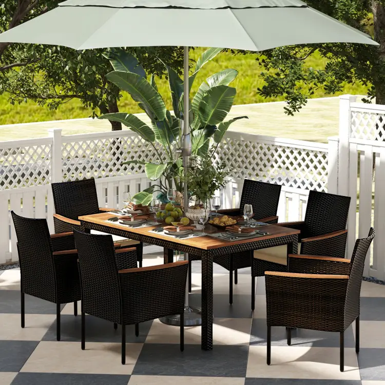 [Costway] 7-Piece Patio Dining Set with Umbrella Hole, Acacia Wood & Rattan Table and 6 Stackable Chairs with Cushions, Outdoor Wicker Furniture Set f