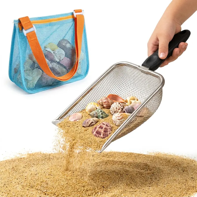 High Quality 10-Inch Stainless Steel Mesh Grid Beach Shovel & Bag Gift Set for Home & Festive Party Supplies - 15-Pound Enlarged Bottom Sand Bag, 19-Inch-35-Inch Adjustable Shoulder Strap, Unisex Adult Sand Filter Shell Tool