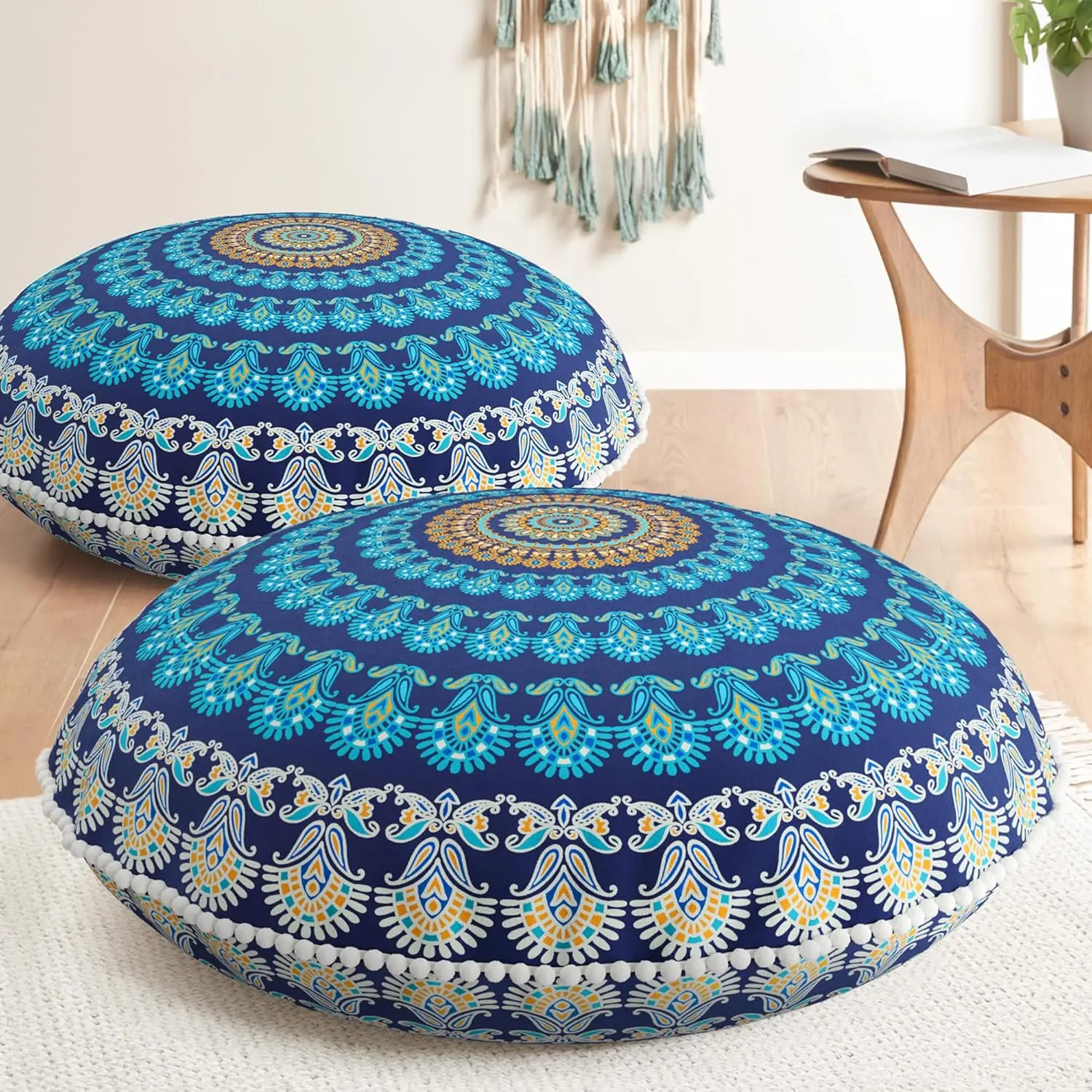 Meditation Floor Pillow Set of 2, Round Large Pillows Seating for Adults, Bohemian Mandala Circle Cushion for Outdoor Fireplace Yoga Living Room, 32 Inch,   Added, Navy