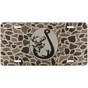 Camo Print Old School Fish Hook Front License Plate - 6x12 Standard Size Aluminum, Easy Install, Truck Accessories for Truck SUV, Outdoor Gift for Angler, Automotive Exterior Accessory
