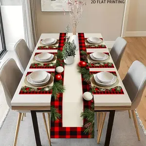 1 piece/4 piece/5 piece set/7 piece set, Christmas checkered decorative pattern table flag and placemat set, seasonal table decoration, holiday party kitchen accessories, indoor and outdoor family gatherings, suitable for daily desktop use
