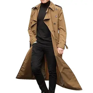 Men's Vintage Long Trench Coat Double-Breasted Polyester Windproof Business Jacket in Black & Beige Casual Outfit Classic Formal