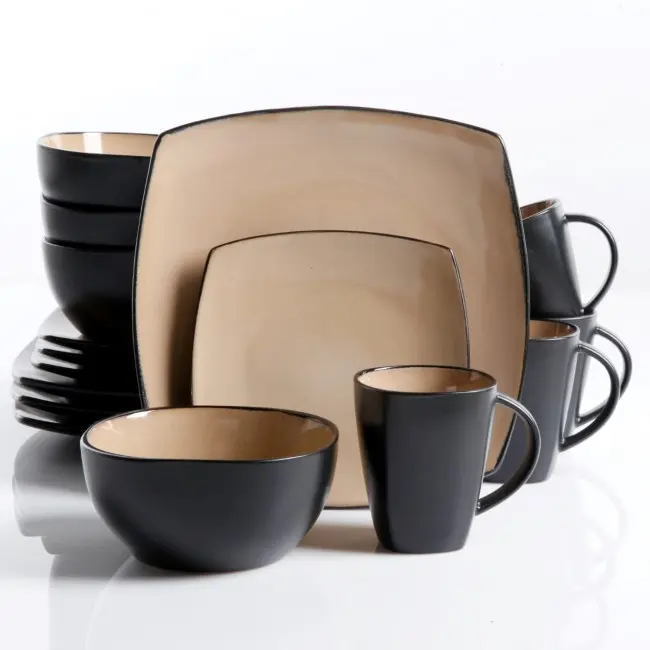 Gibson 69467.16 Solid Complete Porcelain Square Dinnerware Set - 13oz Taupe Plates, Bowls, Mugs for Everyday Casual Home, Kitchen Dining Use