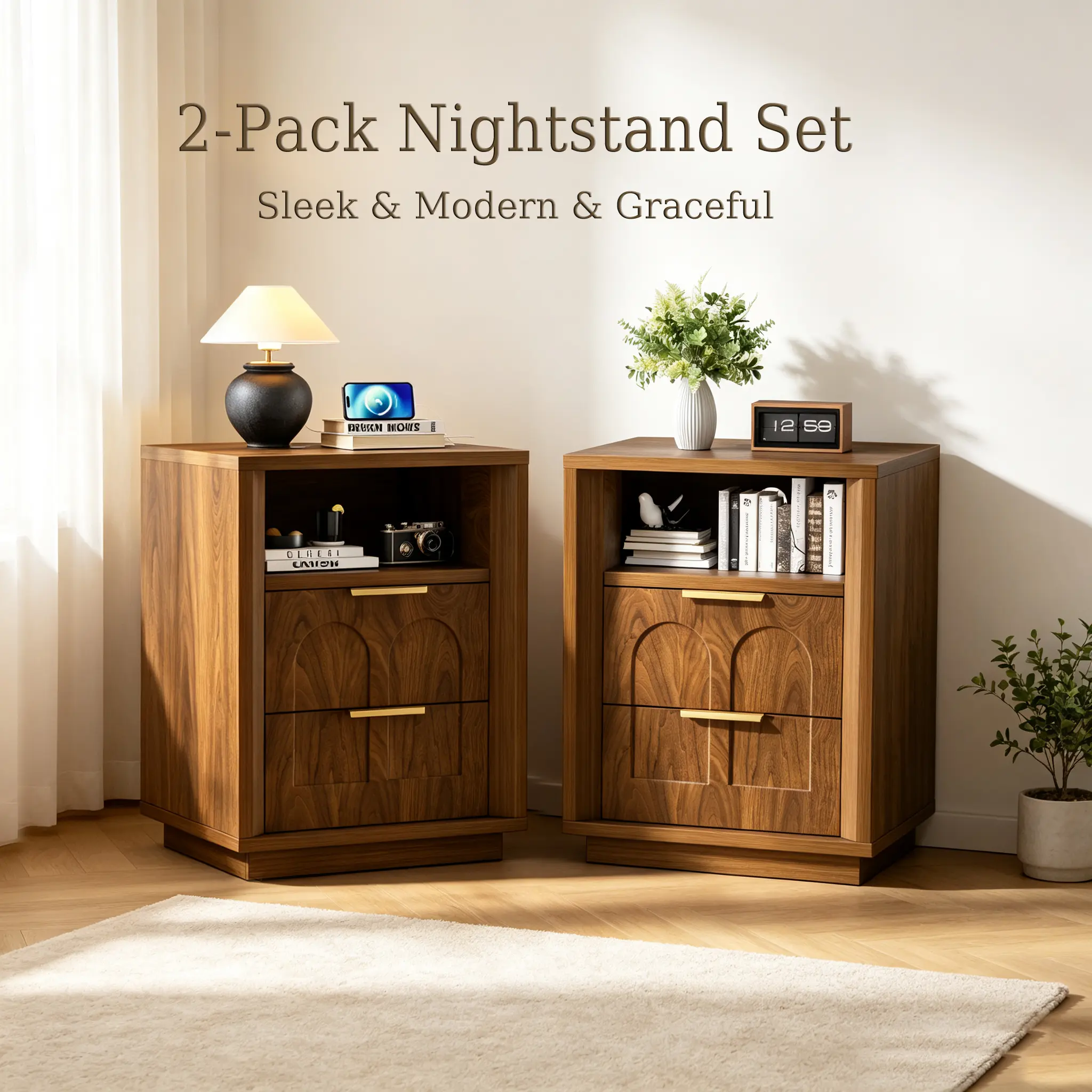 Walnut 2-Pack Nightstand Set with Charging Station, 2-Drawer Bedside Tables, Open Shelf, USB-C & AC Outlets, Metal Handles for Bedroom, Living Room easy clean اثاث