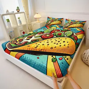 Pop Art Taco Print Bedding Set, Colorful Mexican Food Lime Tomato Sheets, Soft Microfiber Elastic Deep Pocket Bed Linen