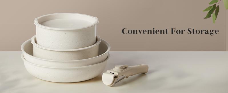 12 Pcs Pots and Pans Set, White Granite Nonstick Cookware Sets Detachable Handle, Stackable Induction Kitchen Cooking Set, Stain & Scratch-resistant