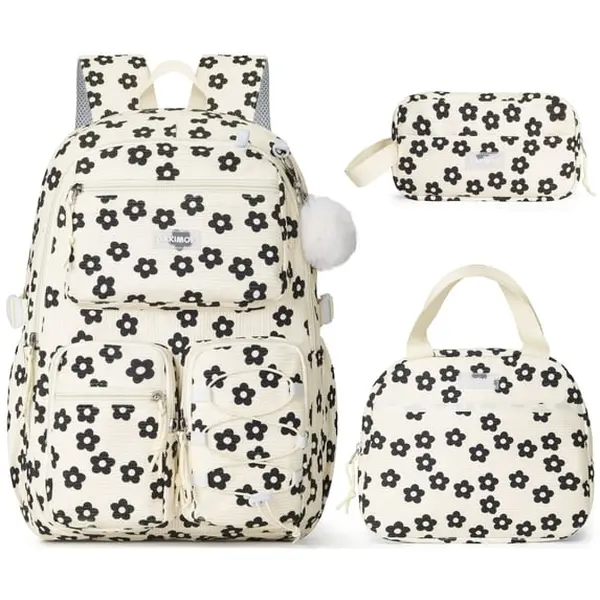 3Pcs Kids Corduroy School Backpack Set with Lunch Bag & Pencil Case, Cute Girls Laptop Bookbag Travel Daypack