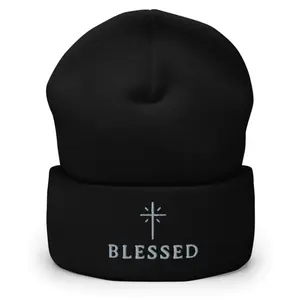 BLESSED Christian Beanie Minimal Cross Embroidered Design 100% Turbo Acrylic Unisex Hypoallergenic 12 Inch Length Hand Washable