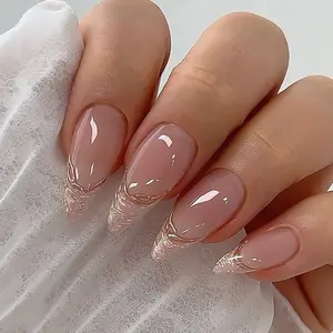 24pcs Medium-Length French Almond Wearable Nails, Includes Jelly Glue and Small File, No Adhesive Needed, Perfect for Stylish Nail Art