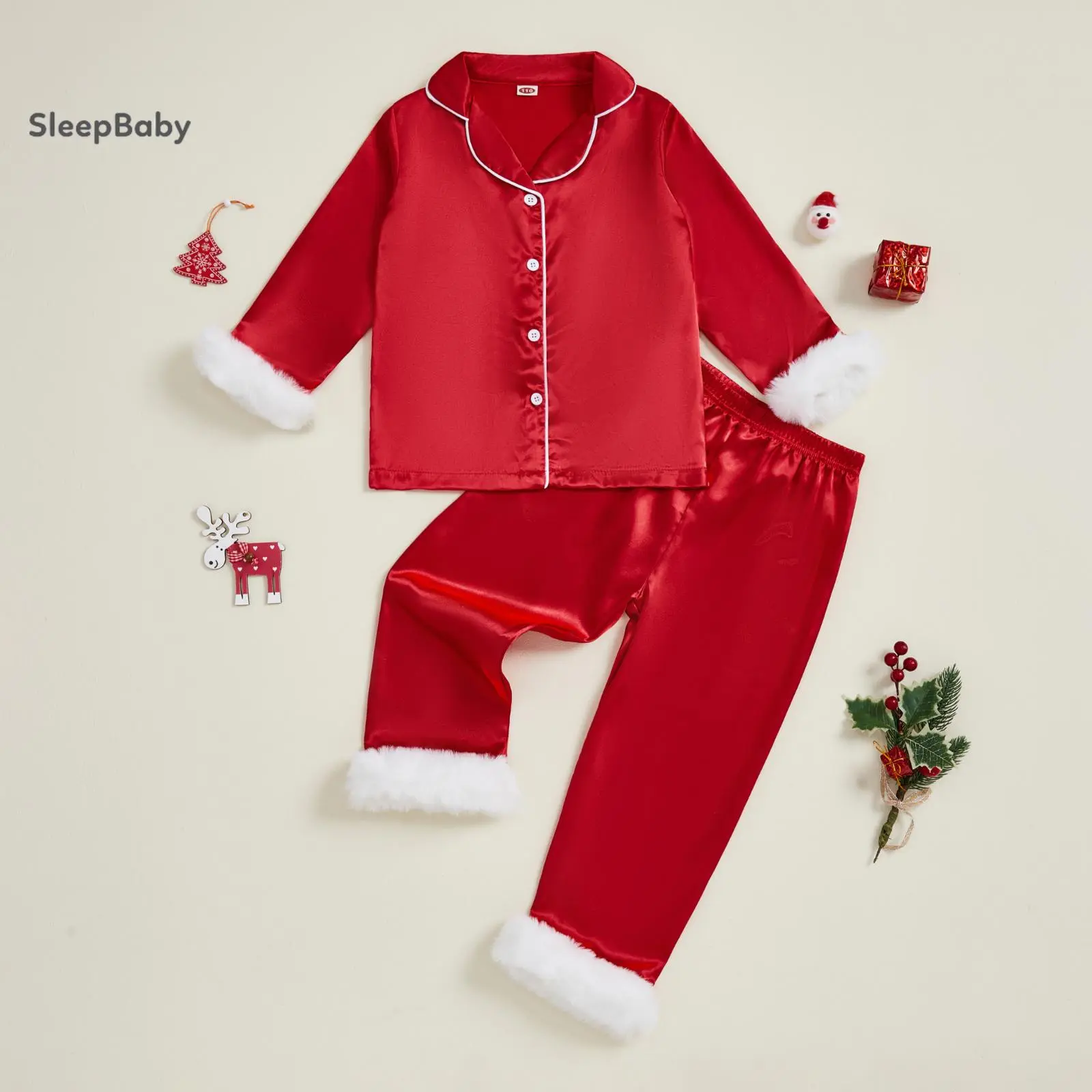 Unisex Baby & Toddler Polyester Pajama Set - 2-Piece Christmas Nightwear, Long Sleeve Button-Down Top, Elastic Waist Pants, Colorblock Contrast, for 0-1 Years (35-53 cm), 6-7Y Kids