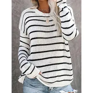 Striped crew-neck pullover sweater, autumn and spring casual long-sleeve knitted sweater, women’s clothing fabric